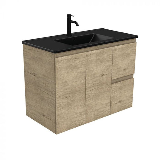 Fienza 900mm Dolce Matte Black Top Edge Wall Hung Vanity - Scandi Oak