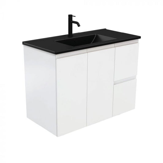 Fienza 900mm Dolce Matte Black Top Fingerpull Wall Hung Vanity - Satin White