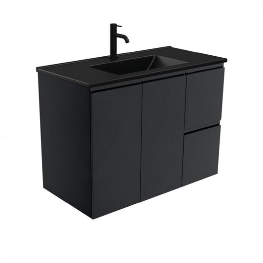Fienza 900mm Dolce Matte Black Top Fingerpull Wall Hung Vanity - Satin Black