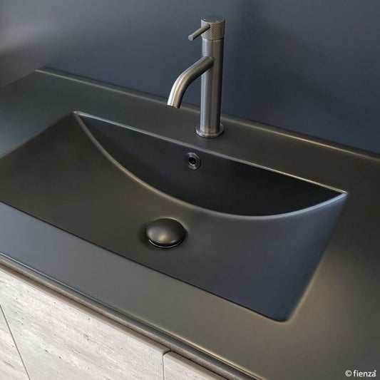 Fienza 900mm Dolce Matte Black Top Fingerpull Wall Hung Vanity - Gloss White