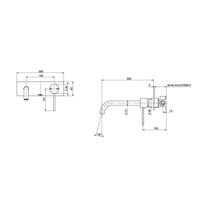 Phoenix Vivid Slimline 230mm Basin Curved Wall Mixer Set Brushed Gold